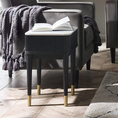 Louis��Fluted Stone Top Lamp Table With Drawer - Black