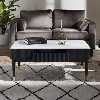 Louis��Fluted Stone Top Coffee Table With 2 Drawers - Black