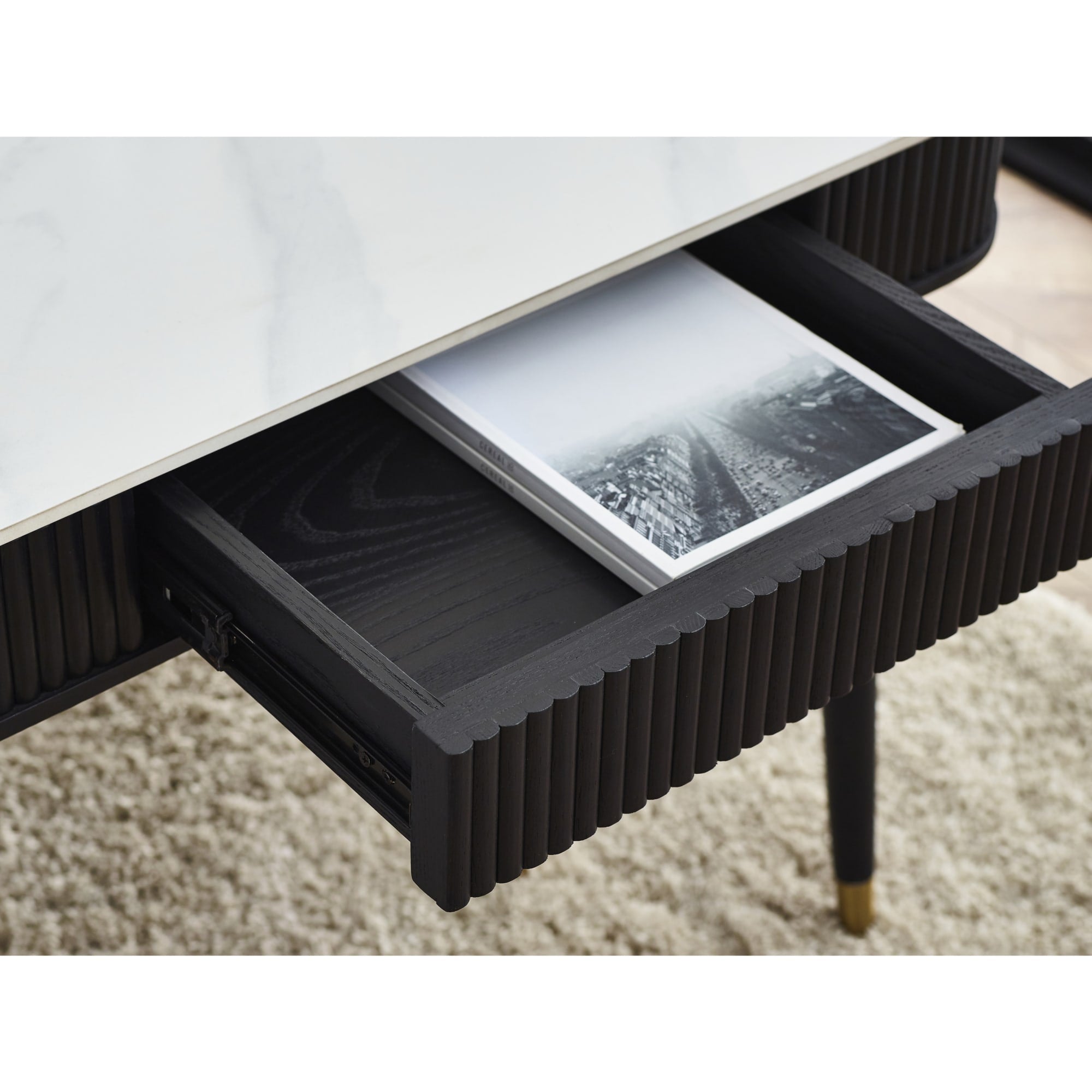 Louis��Fluted Stone Top Coffee Table With 2 Drawers - Black