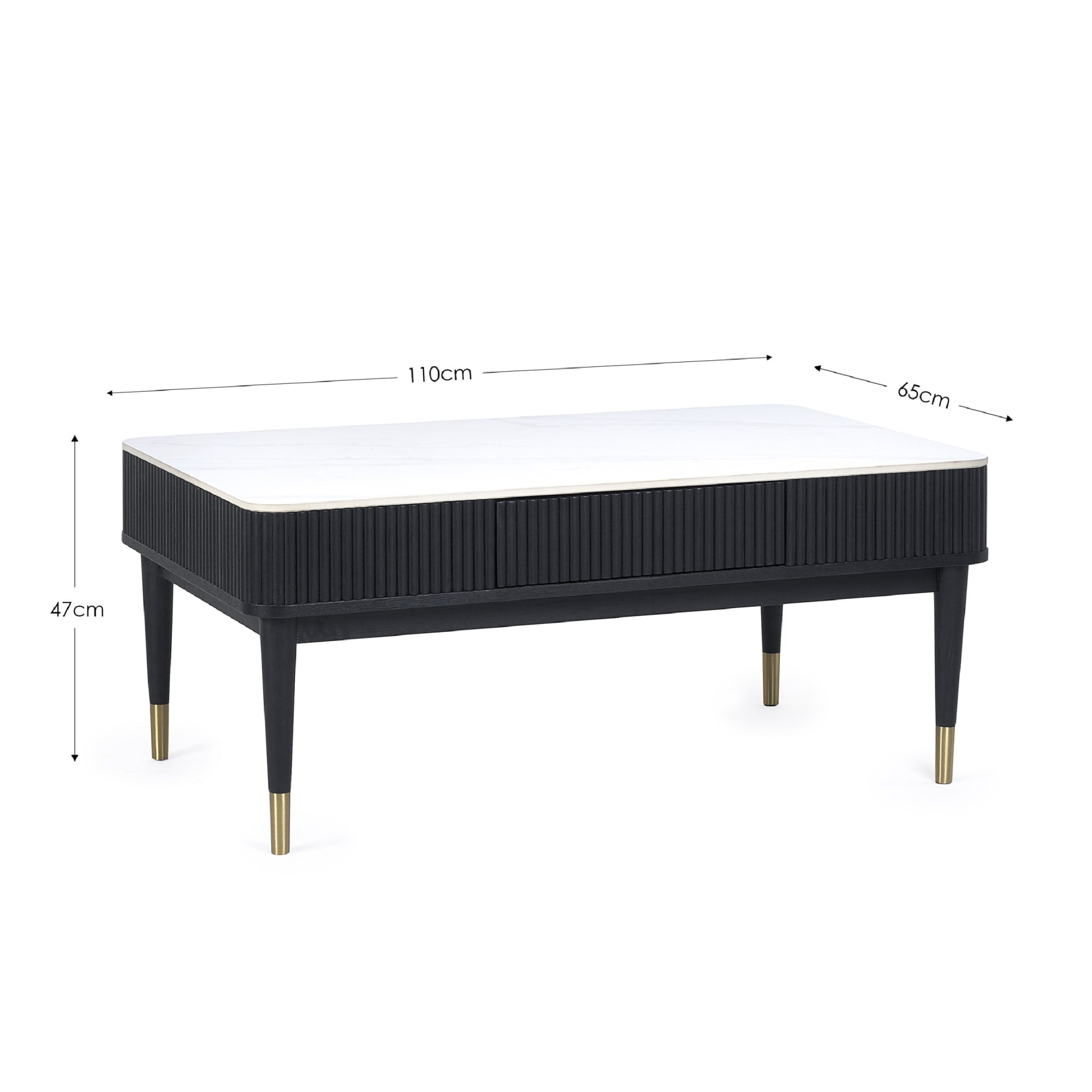 Louis��Fluted Stone Top Coffee Table With 2 Drawers - Black