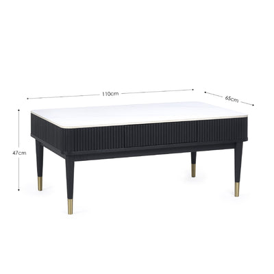 Louis��Fluted Stone Top Coffee Table With 2 Drawers - Black