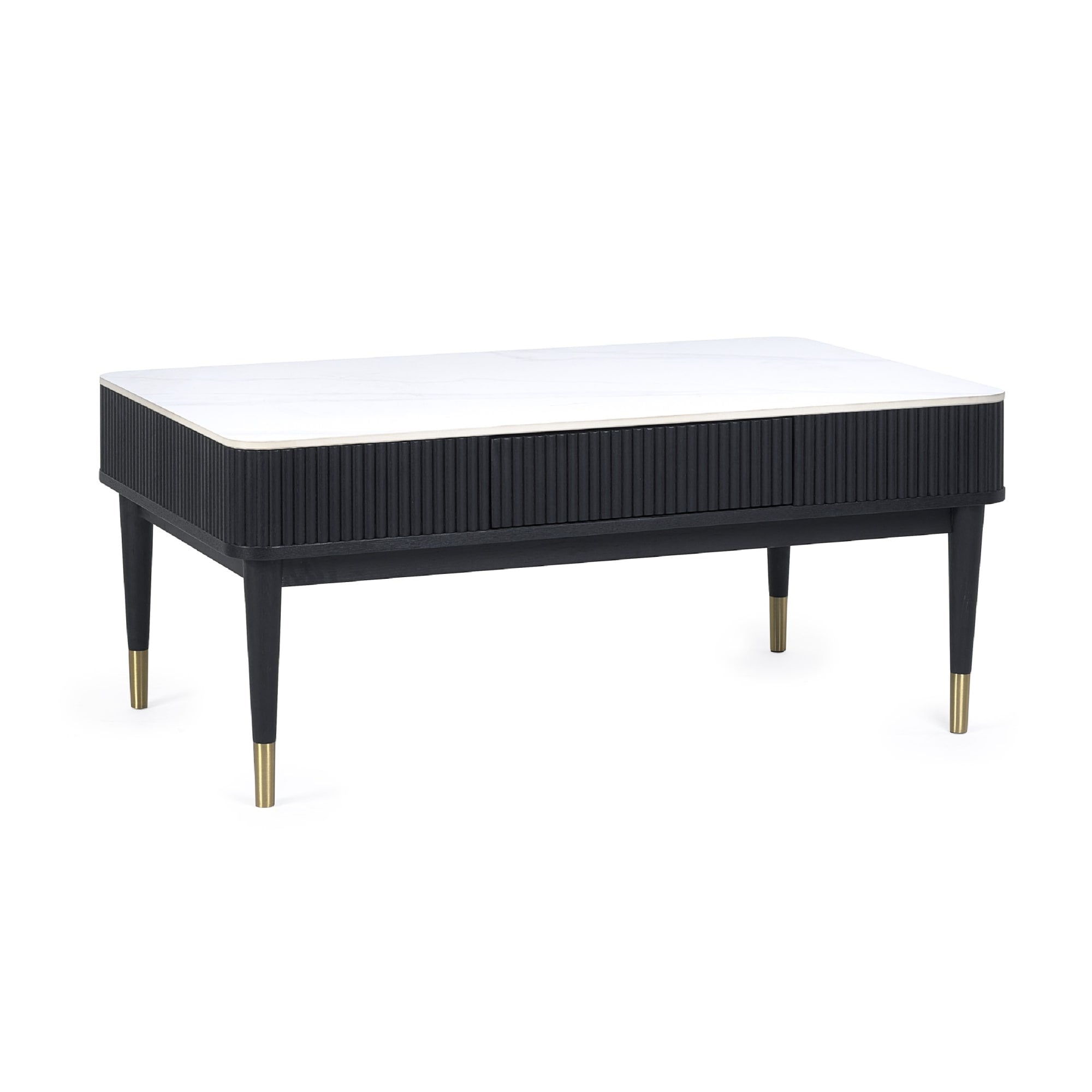 Louis��Fluted Stone Top Coffee Table With 2 Drawers - Black