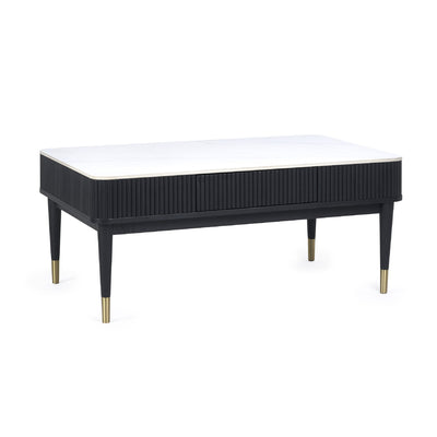 Louis��Fluted Stone Top Coffee Table With 2 Drawers - Black