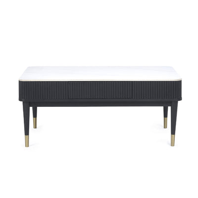 Louis��Fluted Stone Top Coffee Table With 2 Drawers - Black