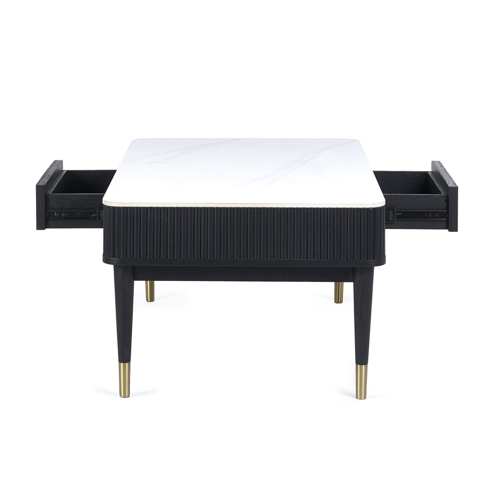 Louis��Fluted Stone Top Coffee Table With 2 Drawers - Black