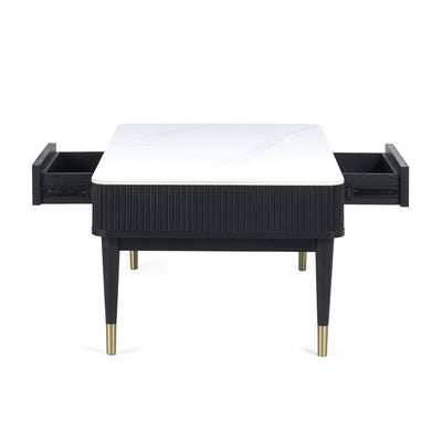 Louis��Fluted Stone Top Coffee Table With 2 Drawers - Black