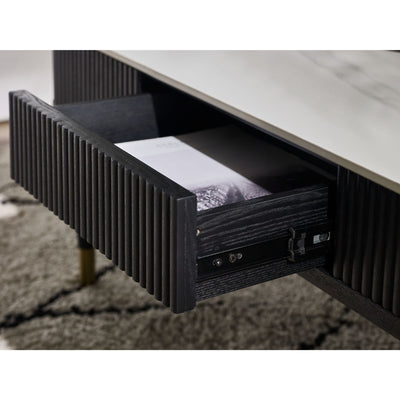 Louis��Fluted Stone Top Coffee Table With 2 Drawers - Black