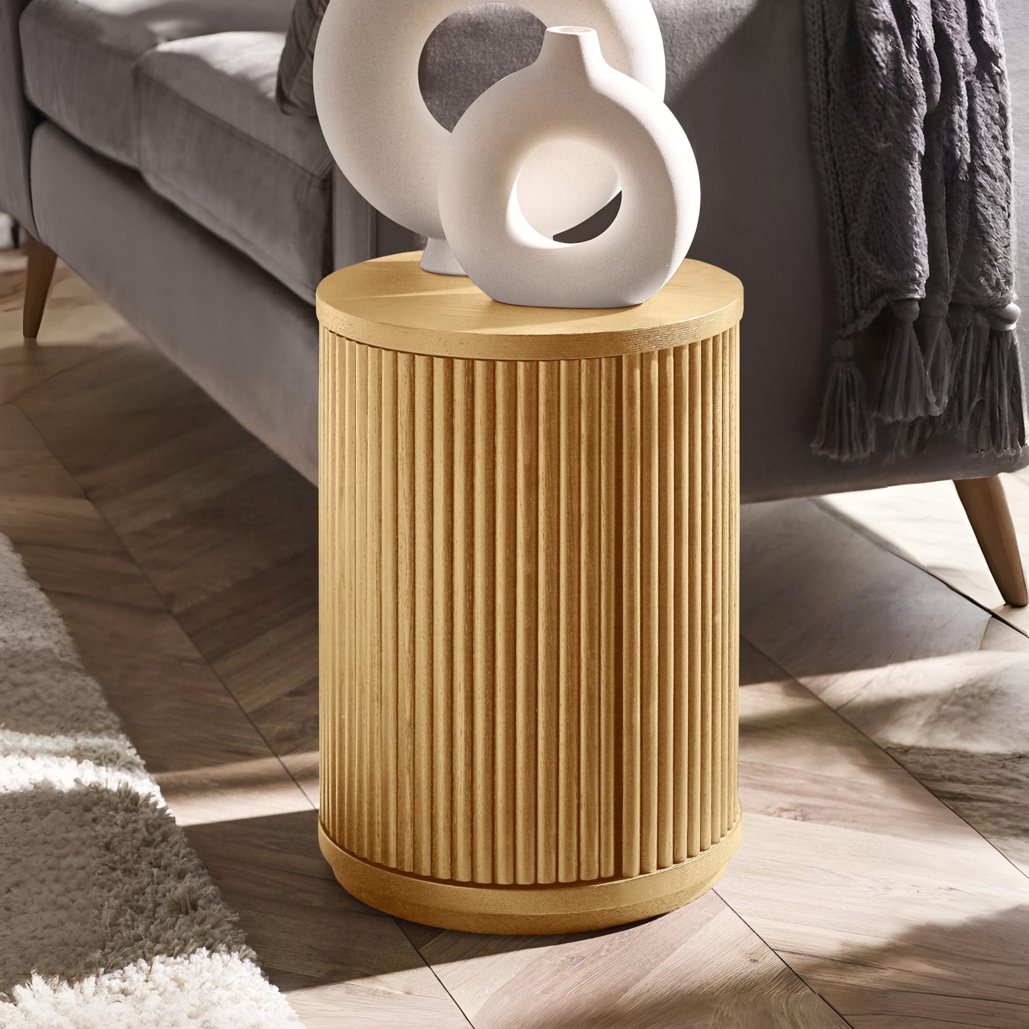 Louis Light Oak Effect Fluted Side Table with Storage