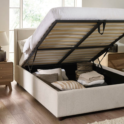 Maddock Beige Upholstered Ottoman Storage 135cm Double Bed