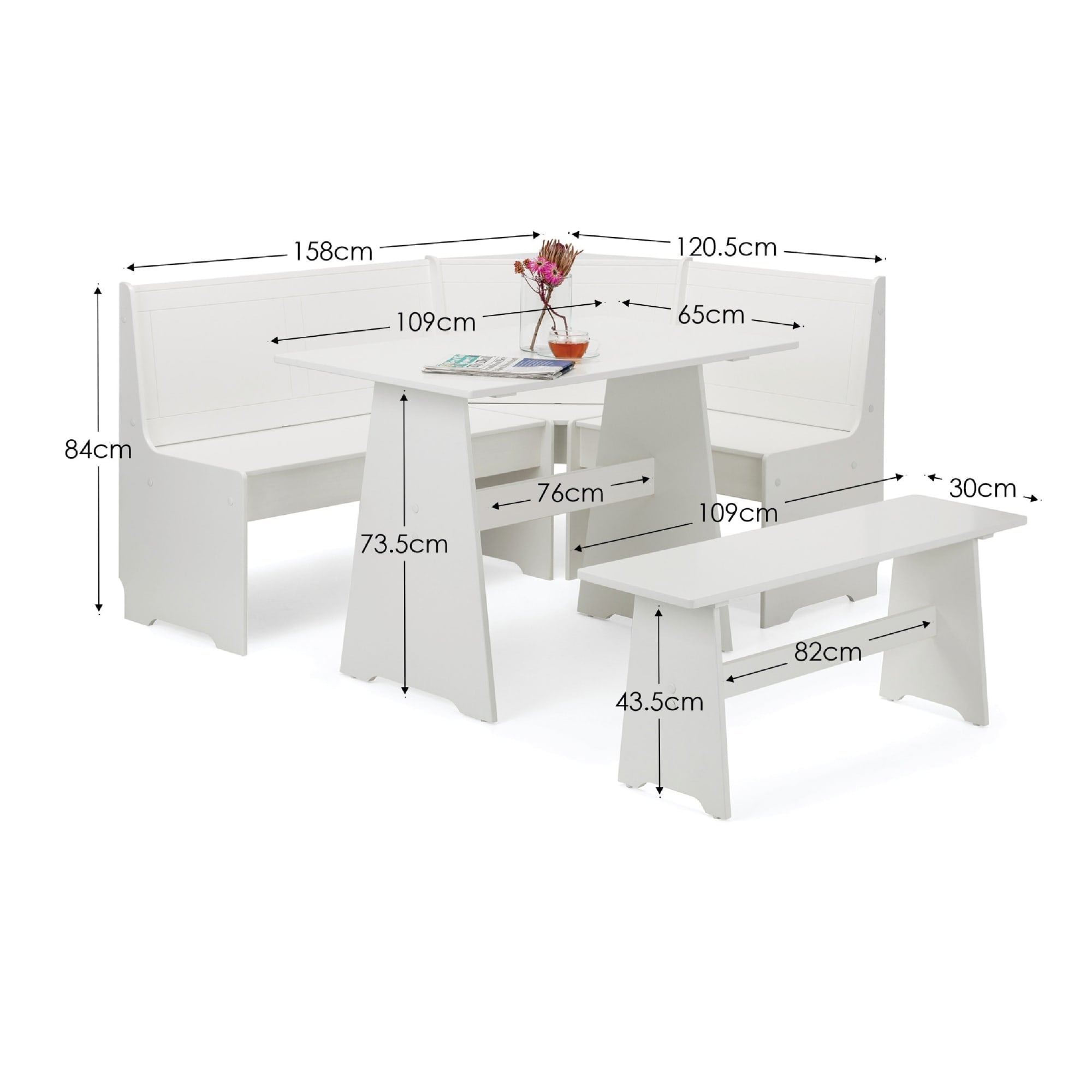 Newport Corner Dining Set With Storage Bench - Surf White