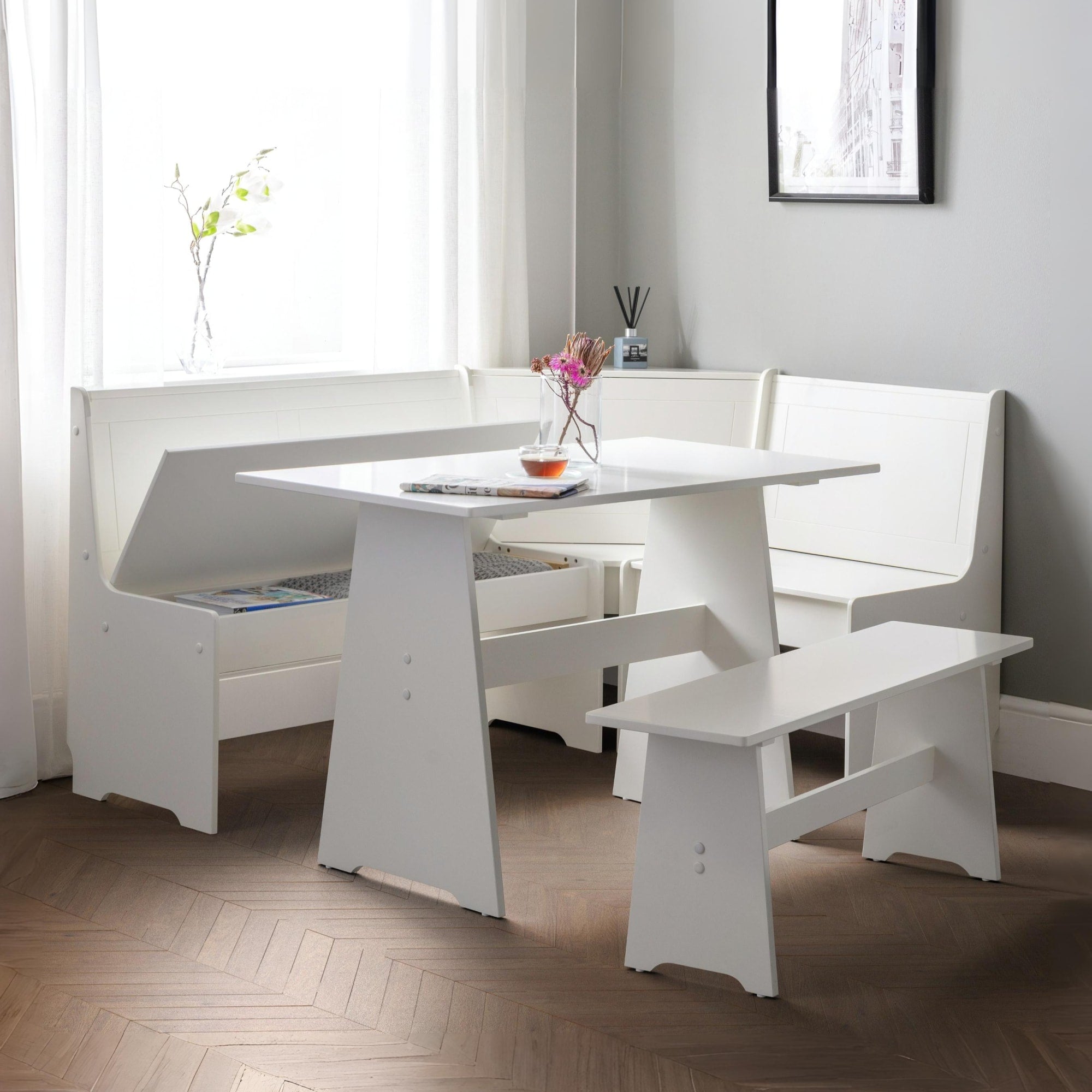Newport Corner Dining Set With Storage Bench - Surf White