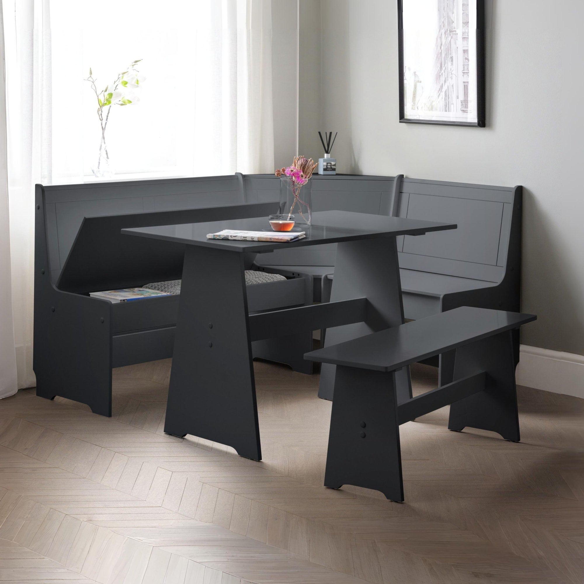 Newport Corner Dining Set With Storage Bench - Anthracite