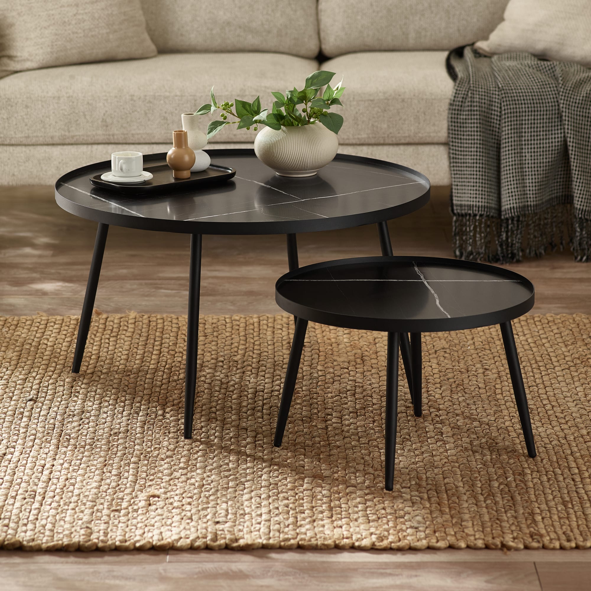 Nolan Black Marble-Effect 78cm Round Nesting Coffee Tables