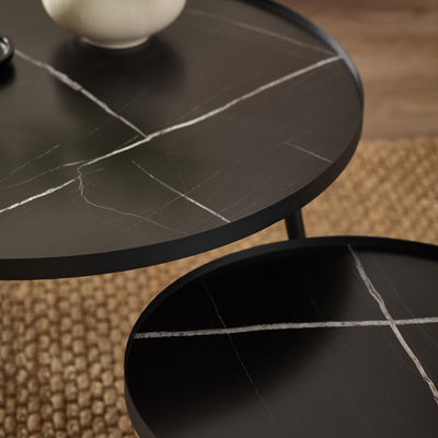 Nolan Black Marble-Effect 78cm Round Nesting Coffee Tables