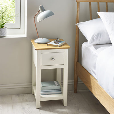 Somerset White and Oak Compact 1 Drawer Bedside Table with Shelf