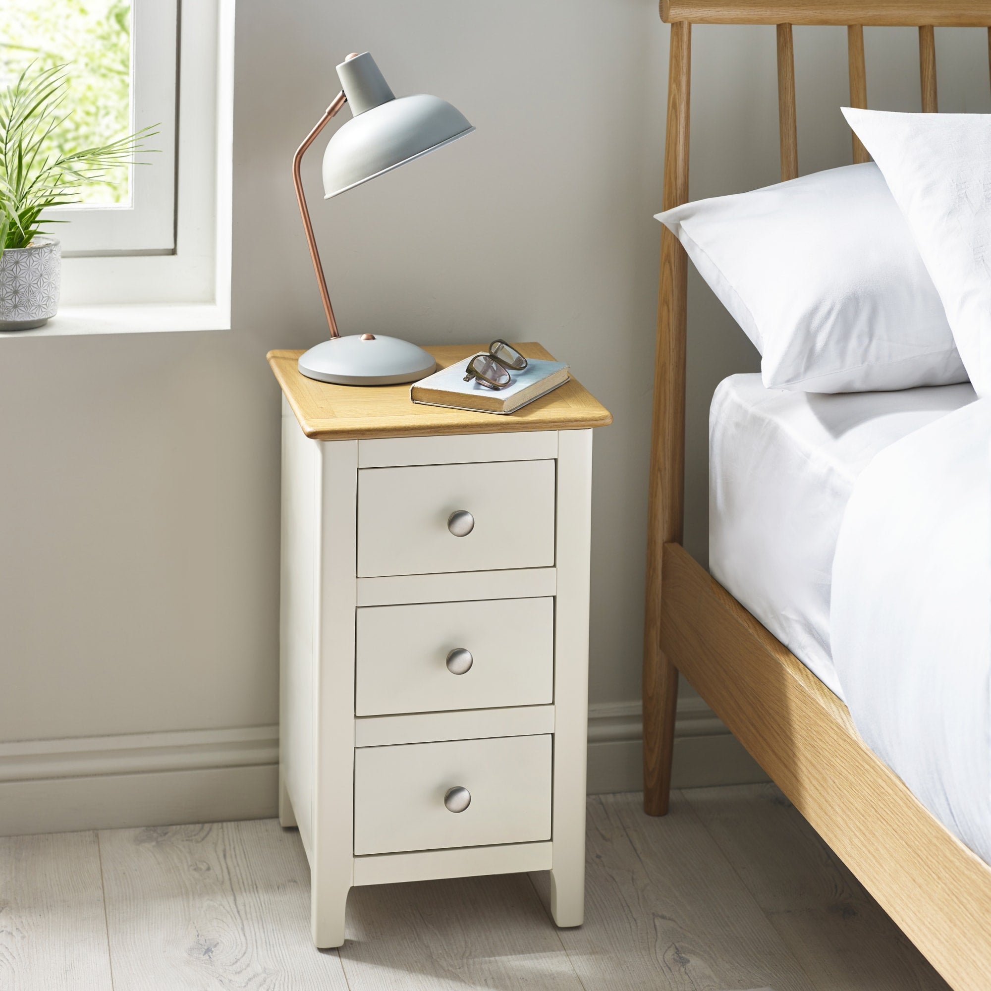 Somerset White and Oak Compact 3 Drawer Bedside Table
