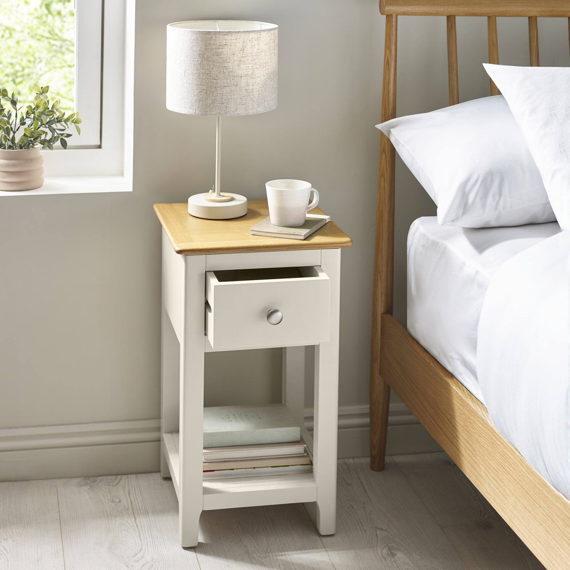 Somerset Truffle Grey and Oak Compact 1 Drawer Bedside Table with Shelf