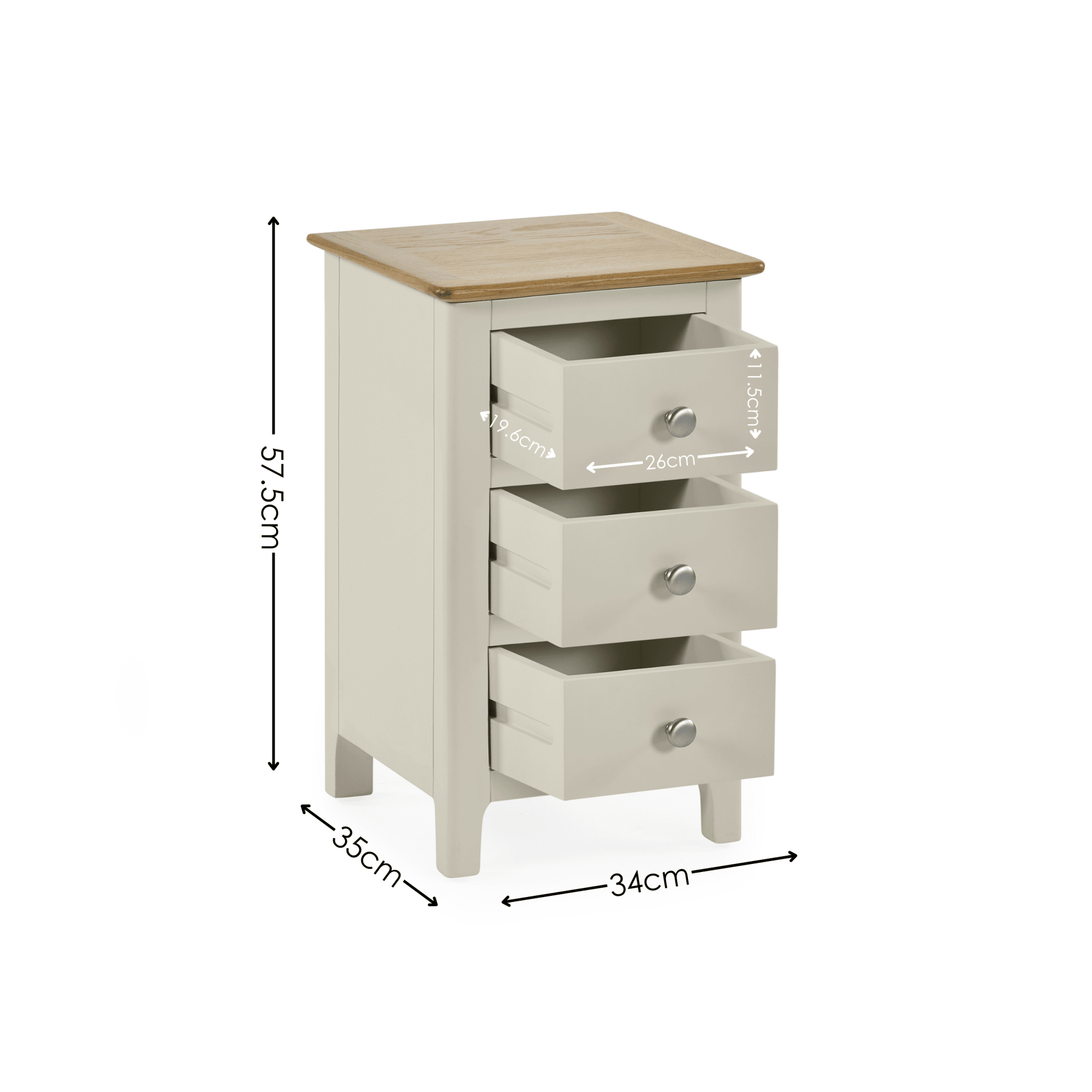 Somerset Truffle Grey and Oak Compact 3 Drawer Bedside Table