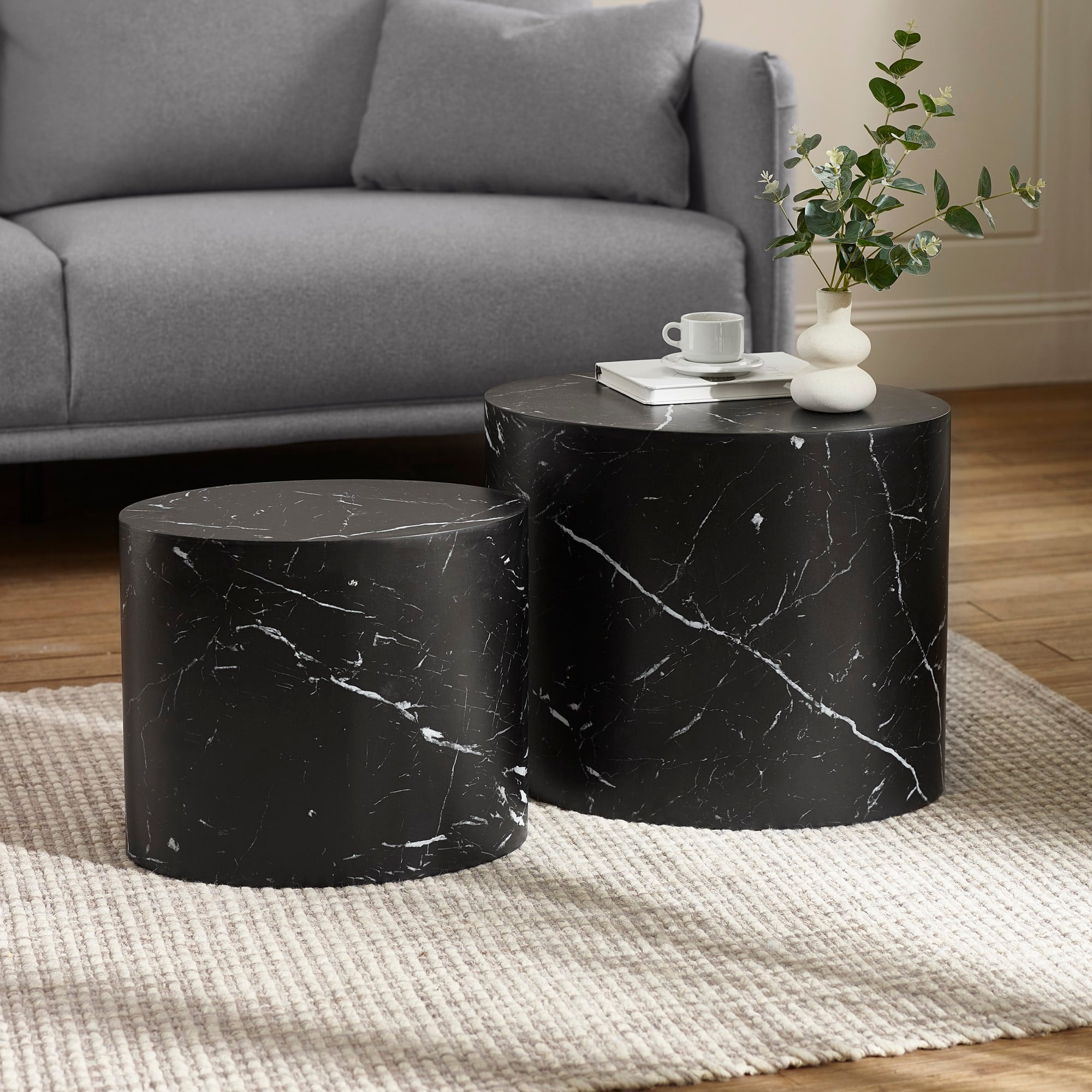 Toba Nest of 2 Black Marble Effect Tables