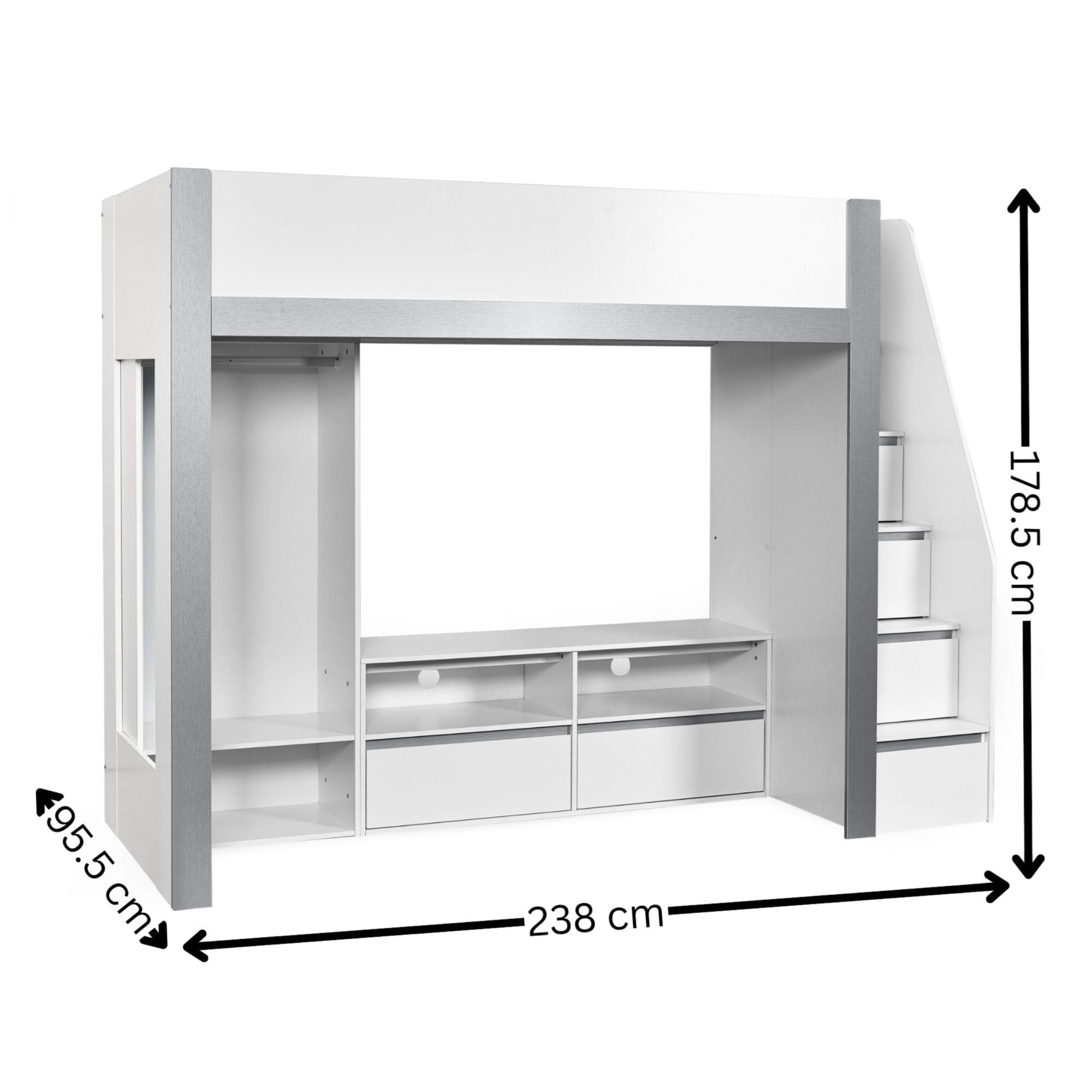 Gaia 90cm Single Highsleeper TV Bed - White and Silver - Cozyo