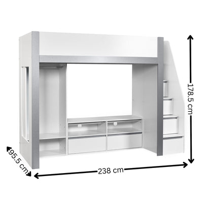 Gaia 90cm Single Highsleeper TV Bed - White and Silver - Cozyo