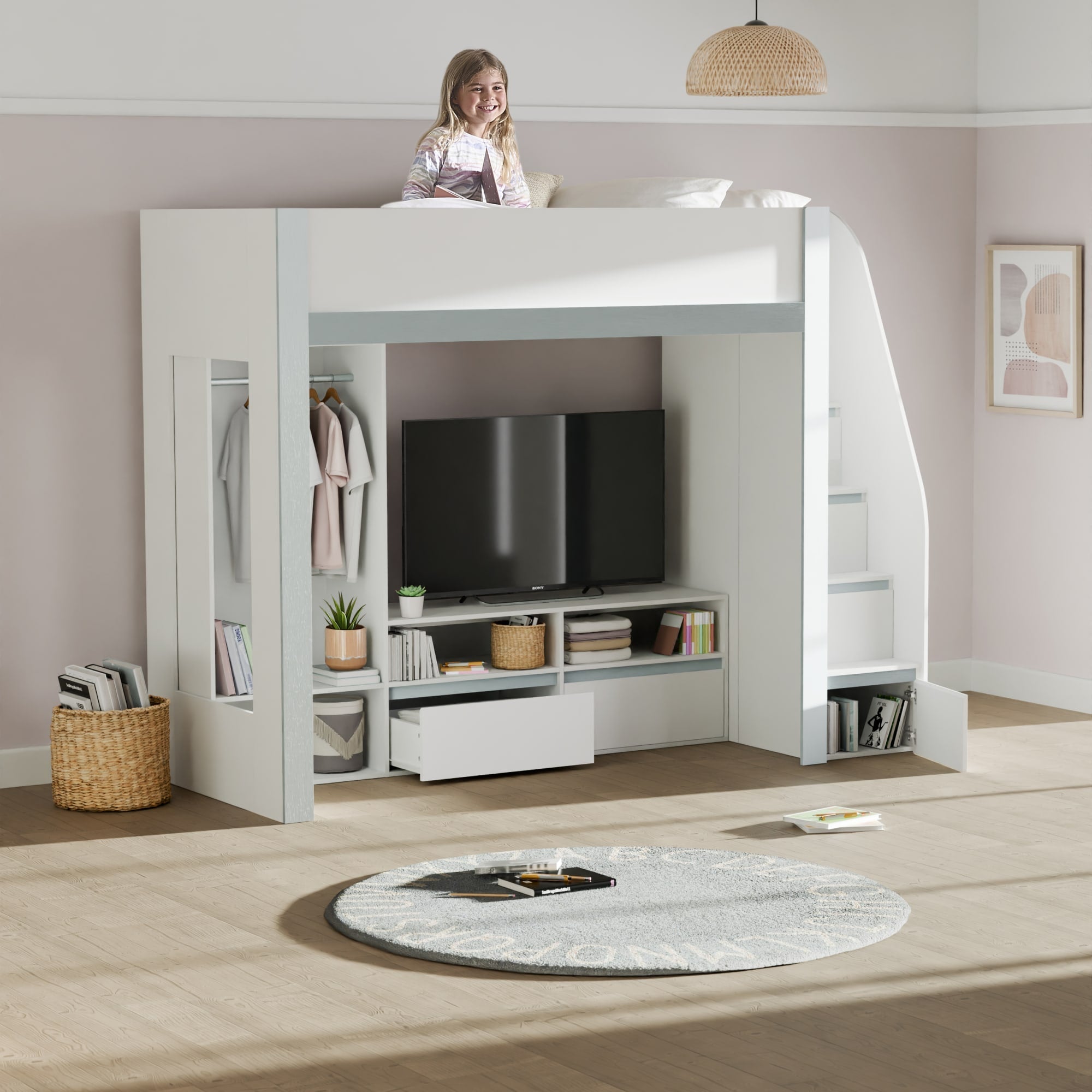 Gaia 90cm Single Highsleeper TV Bed - White and Silver - Cozyo