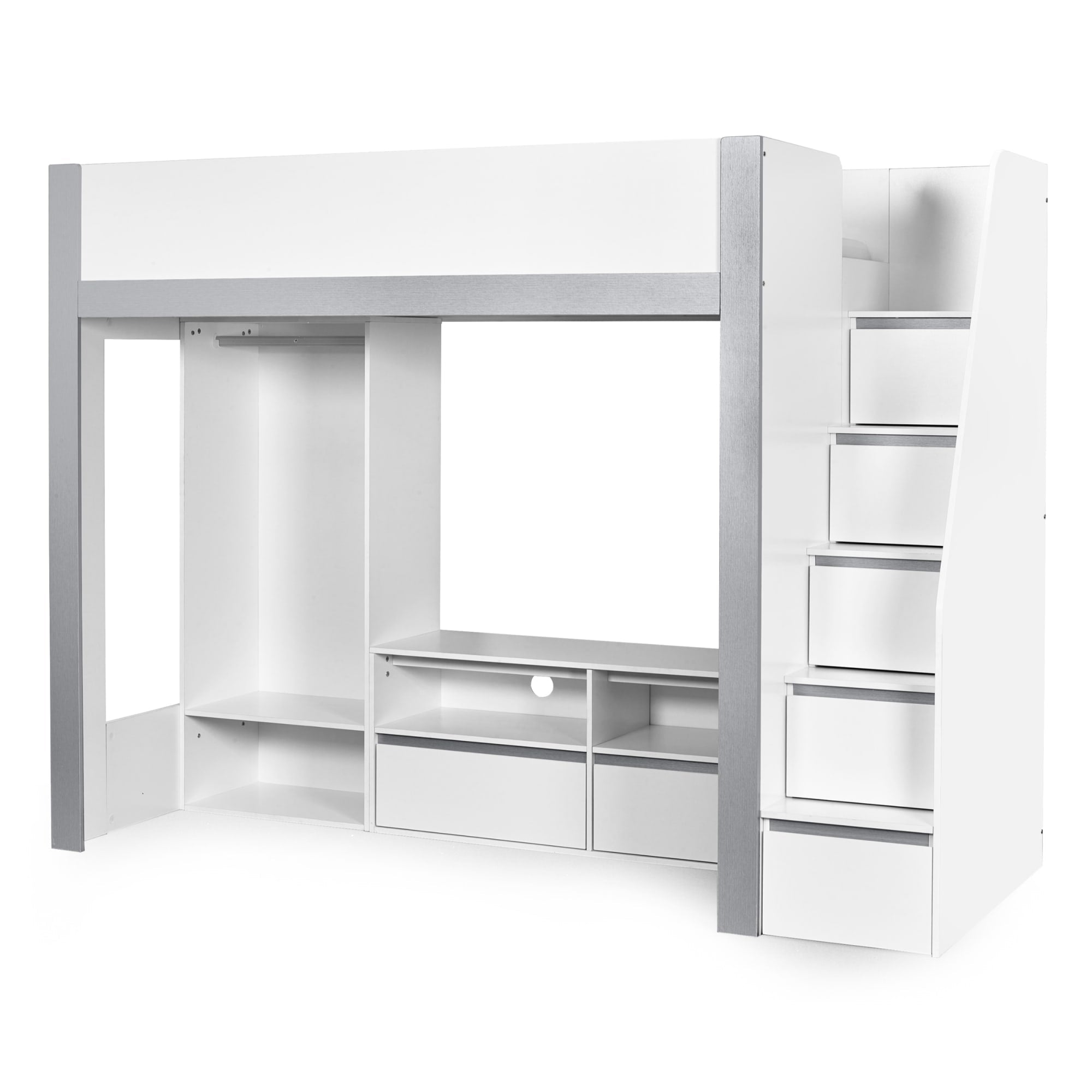 Gaia 90cm Single Highsleeper TV Bed - White and Silver - Cozyo