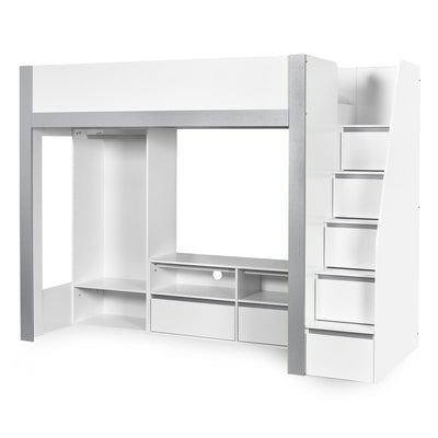 Gaia 90cm Single Highsleeper TV Bed - White and Silver - Cozyo