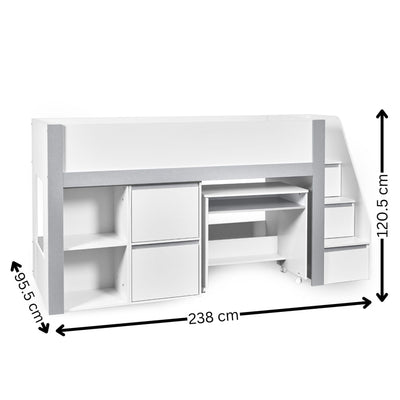 Gaia 90cm Single Midsleeper - White and Silver - Cozyo